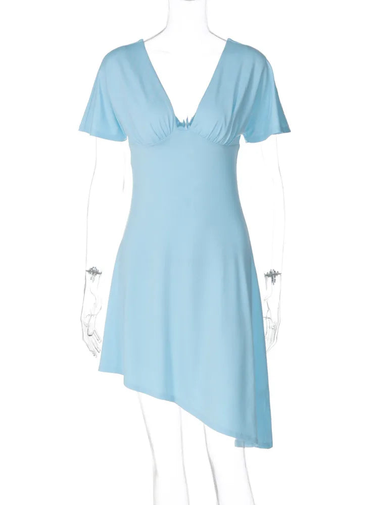 Women Light Blue Midi Dress Deep V Neck Short Sleeve Ruched Waist Asymmetrical Hem Bodycon Dresses Party Club Outfits
