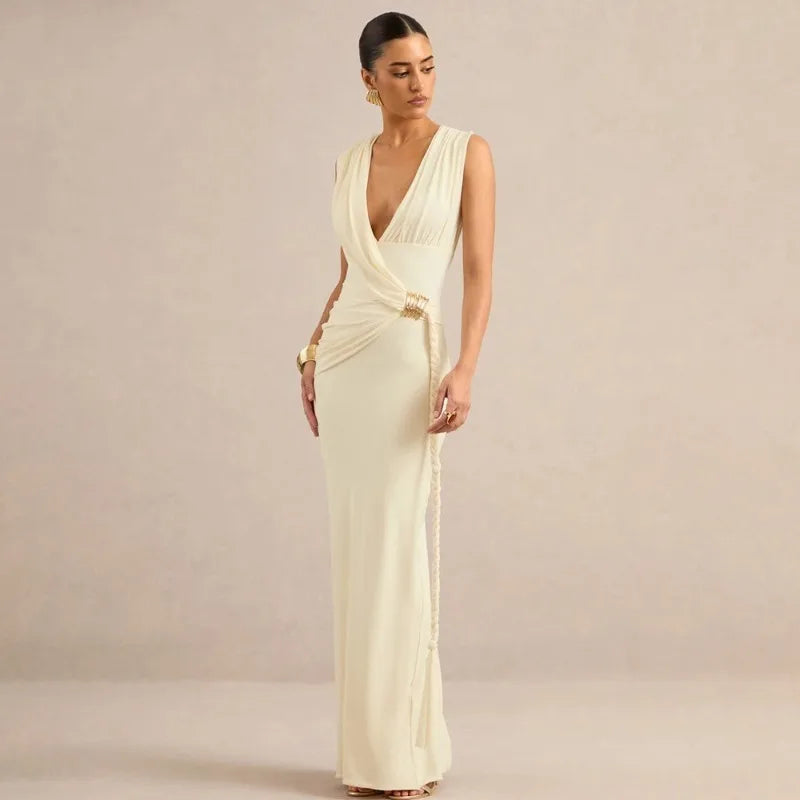 Deep V Neck Sleeveless Maxi Dress Woman Clothing Elegant Evening Dresses Wedding Party