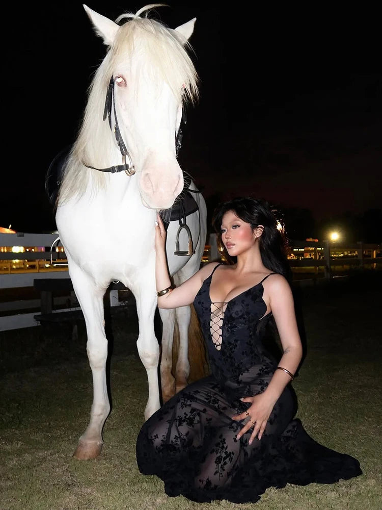 Flocking Shirring Dress Women Sexy Deep V-Neck See Through Backless Sleeveless Beach Vacation Party Clubwear Bodycon