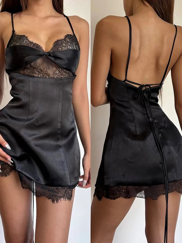Lace Patchwork Dress Women Low-Neck Bandgae Backless Sleeveless Sexy Midnight Summer Fashion Skinny Classic Bodycon