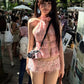 Sweet 2-Piece Set Women Backless Edible Tree Fungus Lace-Up Ruched Hollow Thin Tank Top+Furry Sequins Shorts Clubwear