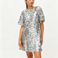 Women's Green Sequins Shift Mini Dress with Round Neck Short Sleeve Back Bow Tie Sparkly Party Club Evening Dress