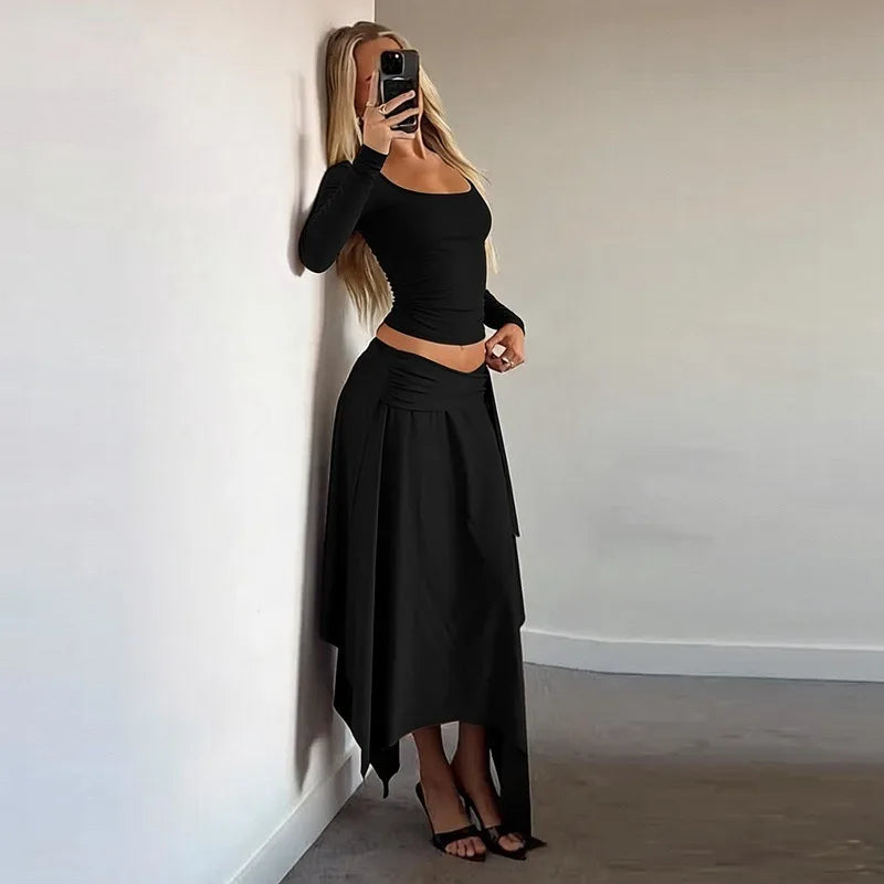 2 Piece Sets Long Sleeve Top and Matching Asymmetrical Midi Skirt Coords Set for Woman Elegant Fall Outfits