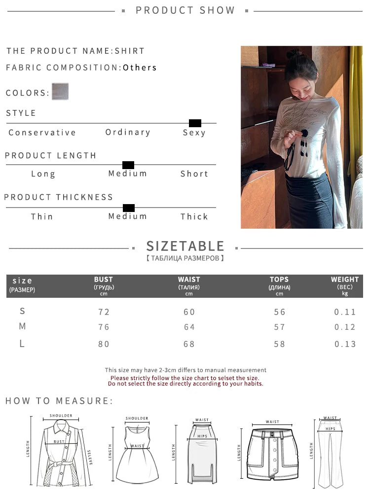 Simple T-Shirts Women Basic See Through Letter Print Long Sleeve Neck Skinny Autumn Trend Street Classic Casual Tees