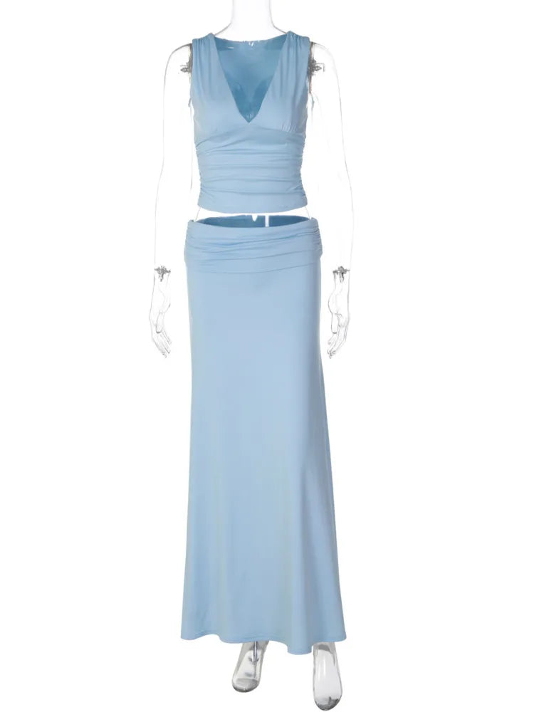 Women 2 Piece Outfits Sleeveless Deep V Ruched Crop Top High Waist Maxi Skirt Matching Set Vacation Club Party Dresses