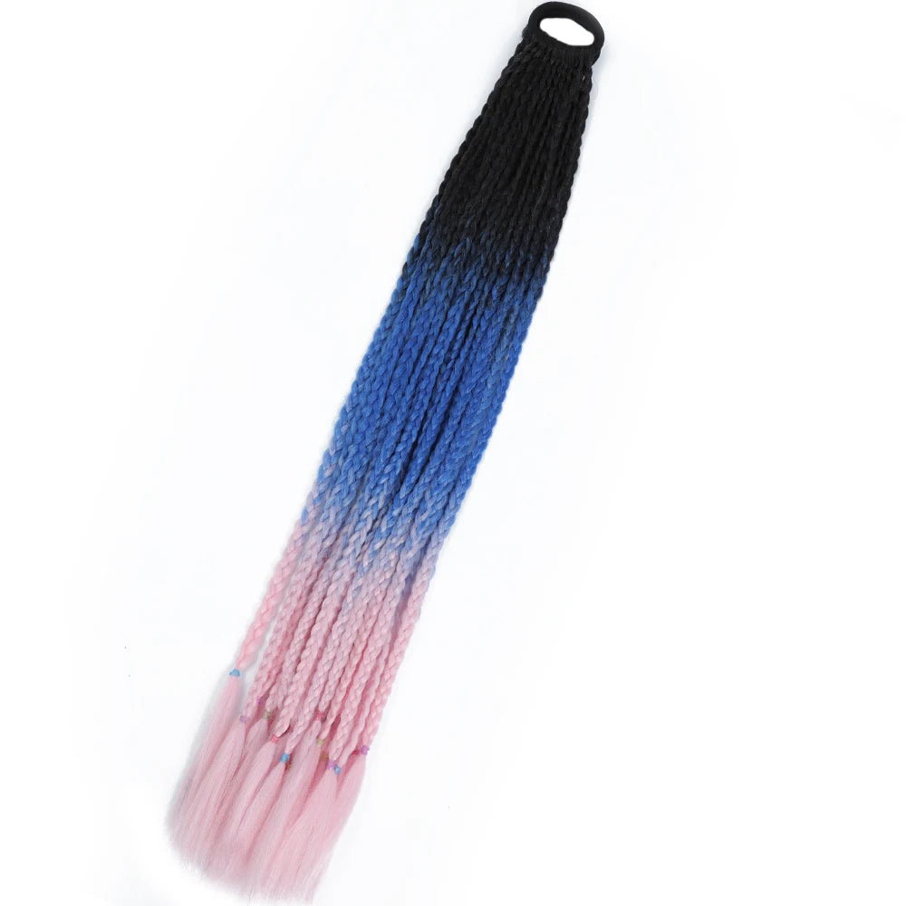 Synthetic 24inch Girls Colored Box Braided Ponytail With Elastic Rubber Band Hair Extensions Rainbow Color Box Pigtail Hairpiece