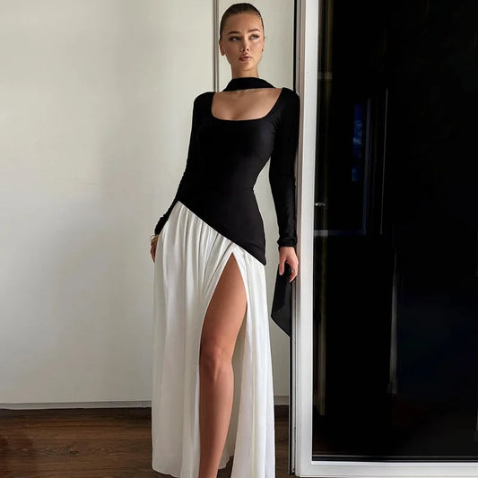 Long Sleeve Split Dresses for Woman Clothing Autumn Elegant Long Party Dresses with Scarf