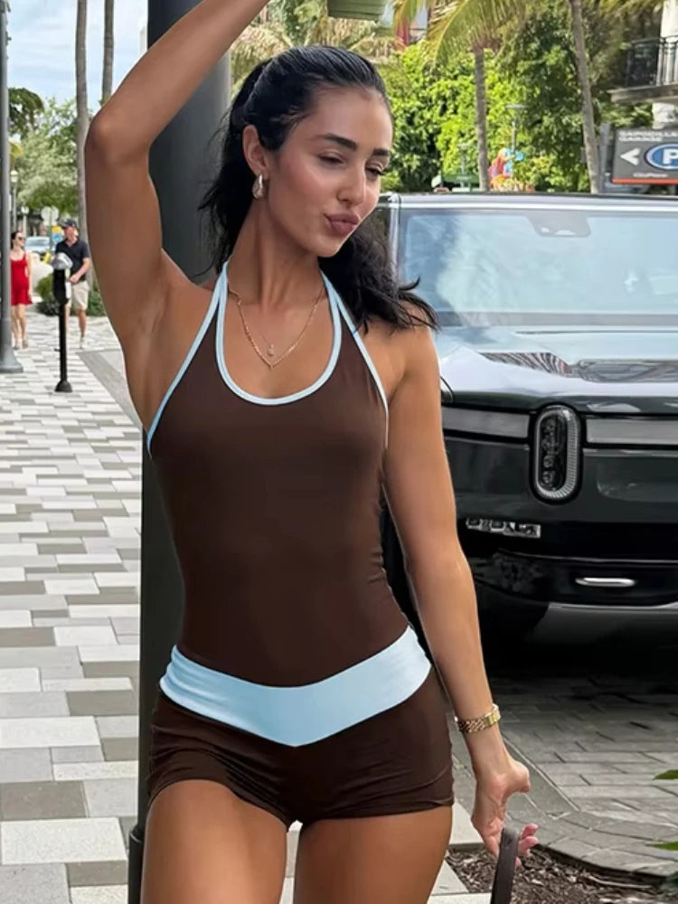 Sproty Style Romper Women Color Blocking Sexy Fashion Halter Bandages Backless Sleeveless Simple Trend Street Playsuits