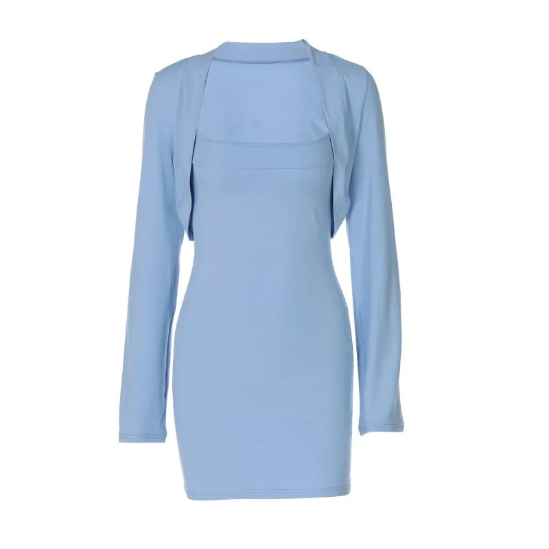 Blue Two Piece Set Short Dresses with Long Sleeve Shawl Fall Outfits for Woman Clothing