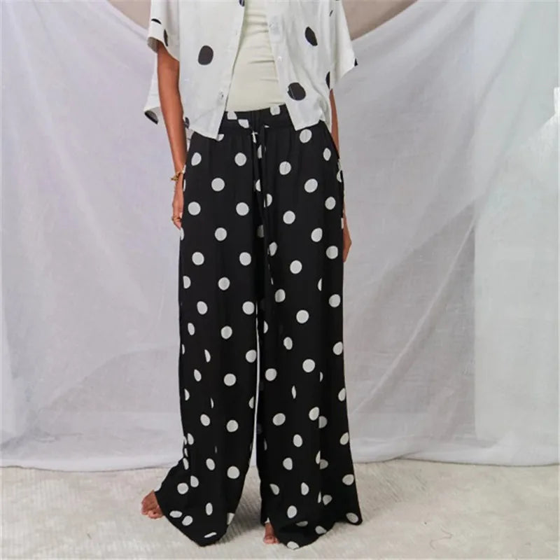 Women Polka Dot Wide Leg Pants Elastic Waist Drawstring Palazzo Pants with Pockets Casual Beach Vacation Summer Trousers