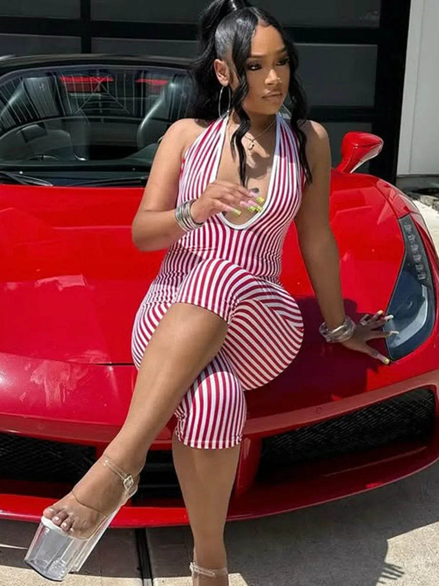 Stripe Print Playsuit Women Sleeveless Backless Halter Bandage Skinny Sexy Clubwear Activity Fitness Workout Romper