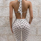 Polka Dot Print Patchwork Lace Playsuit Women Bandage Backless Deep v-Neck Sleeveless Sexy Summer Fashion Outfits