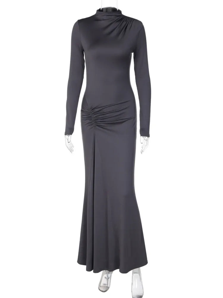 Women High Neck Long Sleeve Maxi Dress Ruched Front Bodycon Mermaid Hem Long Dress Elegant Evening Party Formal Dresses