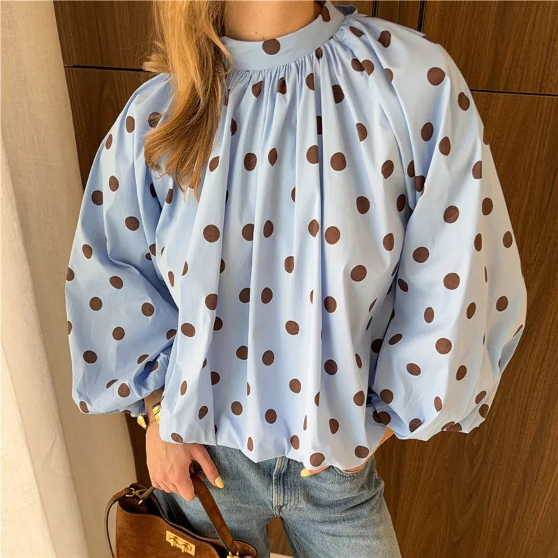 Y2K Women Polka Dot Blouse Puff Long Sleeve Stand Collar Shirt Back Bow Tie Loose Cropped Top Fall Casual Backless Shirt
