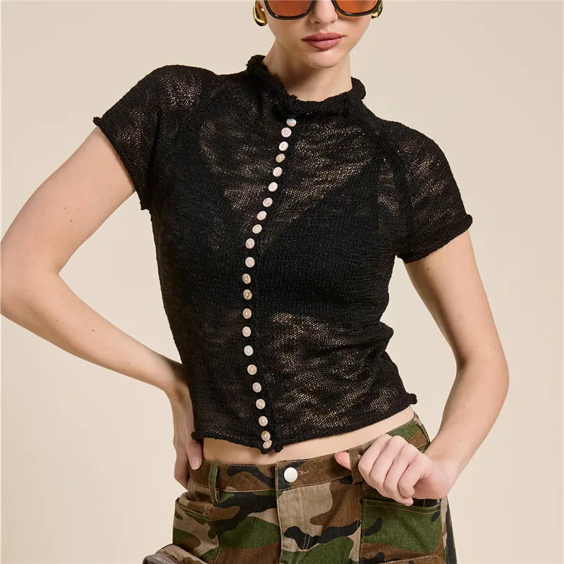 Women Semi Sheer Knit Top Mock Neck Button Front Short Sleeve Slim Cropped Tee Y2K Vintage See Through Knitwear Blouse