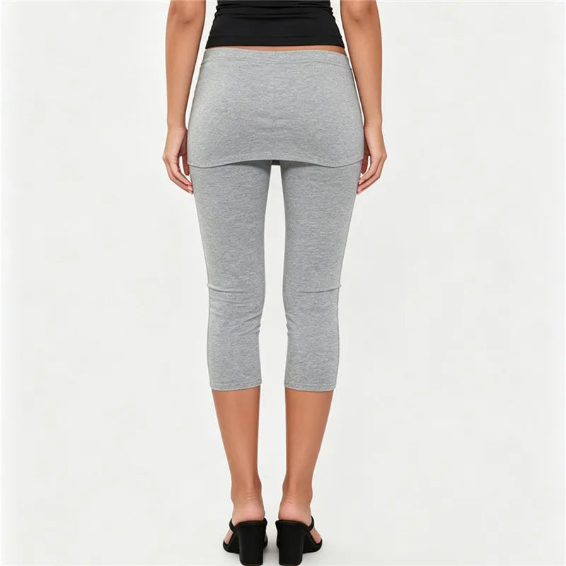 Chic Women Fold Over Waist Skirted Capri Leggings Stretchy Slim Fit 3/4 Cropped Pants Daily Casual Y2K Streetwear Bottom