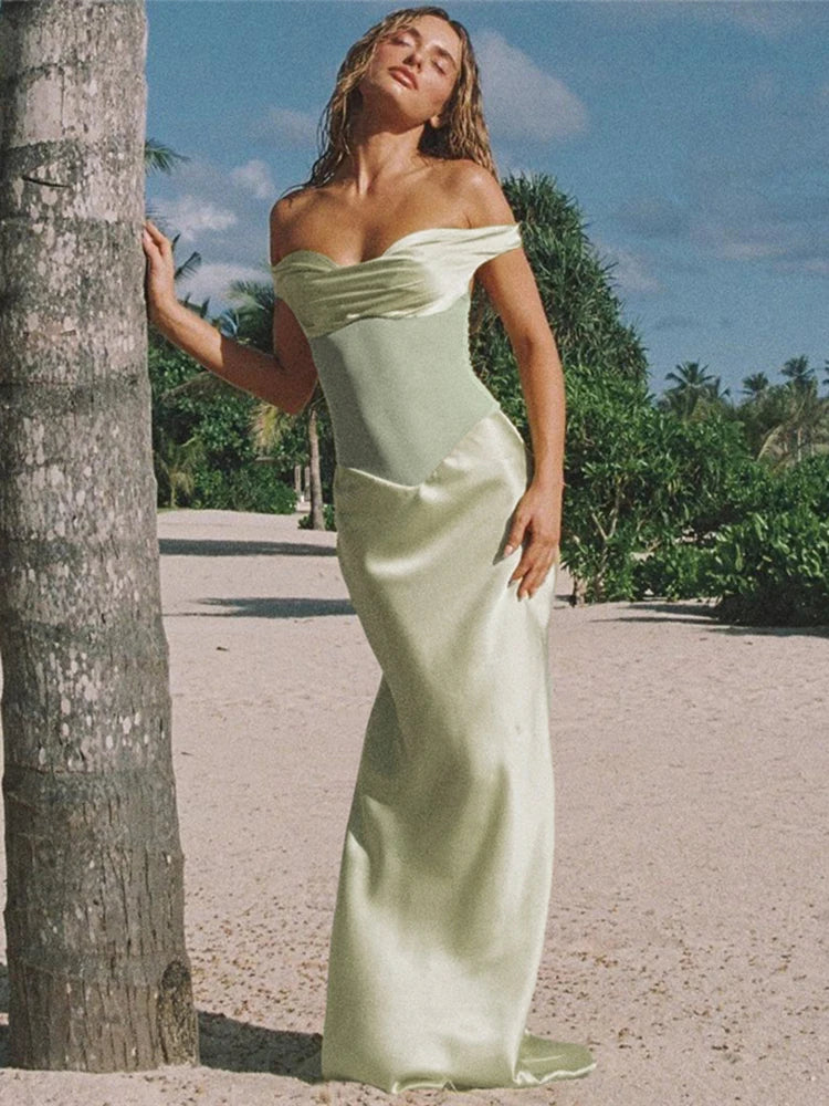 Backless Sexy Party Dress Women Y2K Slash Neck Patchwork Mesh Summer Luxury Satin Birthday Banquet Elegant Vestidos