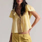 Women Boho Square Neck Lace Blouse Puff Short Sleeve Button Front Pleated Loose Cropped Shirt Vintage Cottage Summer Top