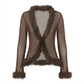 Women Y2K Faux Fur Trim Mesh Cardigan Long Sleeve V Neck Open Front Cropped Sheer Jacket Club Party Outerwear Tops