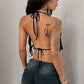 Women Sequin Mesh Halter Crop Top Sheer Lace Back Tie Backless Camisole Y2K Party Clubwear Sexy See Through Tank Top