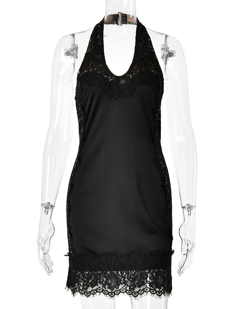 Halter Lace Deep V Neck Backless Sexy Mini Dress Women Elegant Lace Trim Satin Sleeveless Bodycon Club Party Dresses