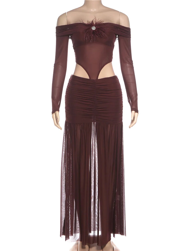 Waistless Long Dress Woman Mesh Patchwork 3d Furry Decoration Slash Neck Backless Street Fashion Ruched Elegant Vestidos