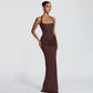Halter Backless Ruched Maxi Dress Evening Gown Brown Classy Dresses for Woman Elegant Wedding Guest