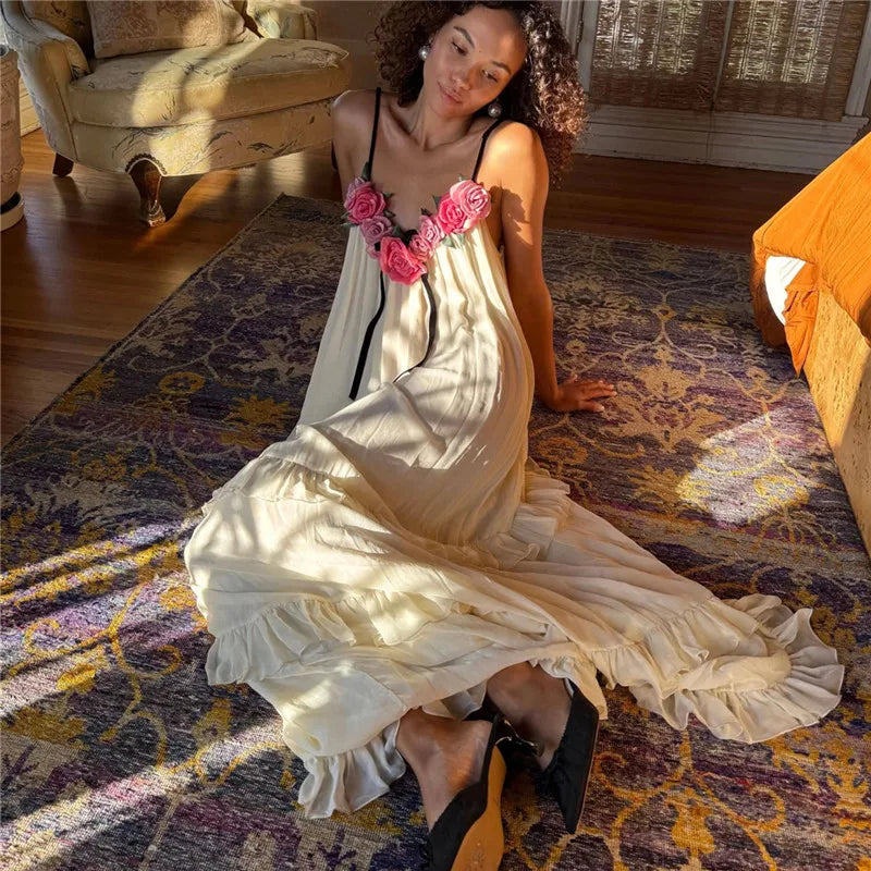 Women Long Dress 3D Floral Decor Sleeveless V-Neck Cami Dress Summer Fashion Ruffles Casual Spaghetti Strap Party Dress