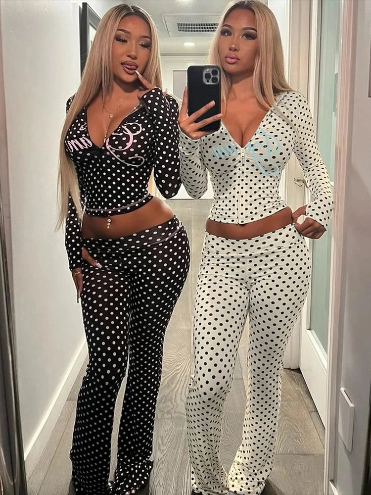 Polka Dot Letter Print 2 Piece Set Woman Tracksuit Trend Sexy Hooded Jacket+Pants Skinny Stretch Matching Streetwear