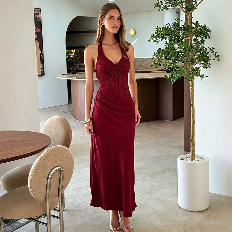 Halter Maxi Dress Lace Satin Patchwork Elegant Sexy Party Dresses for Woman Birthday Outfits