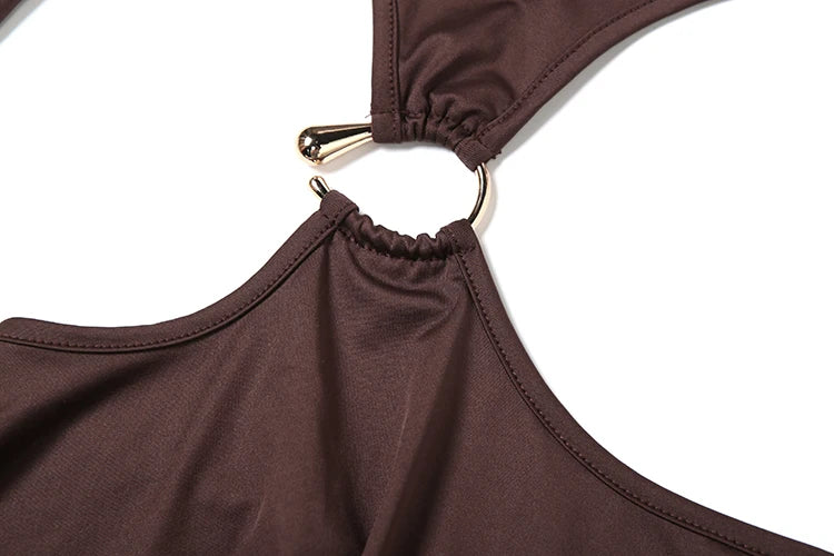 Sexy Hollow Mini Dress Women Skew Collar Off Shoulder Full Sleeve Rings Patchwork Waistless Ruched Elegant Outfits