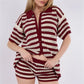 Women Striped Hollow Knit 2 Piece Set Short Sleeve Button Down Top High Waist Mini Shorts Matching Outfit Beach Cover Up