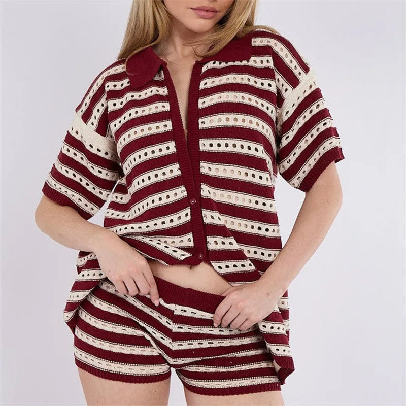 Women Striped Hollow Knit 2 Piece Set Short Sleeve Button Down Top High Waist Mini Shorts Matching Outfit Beach Cover Up