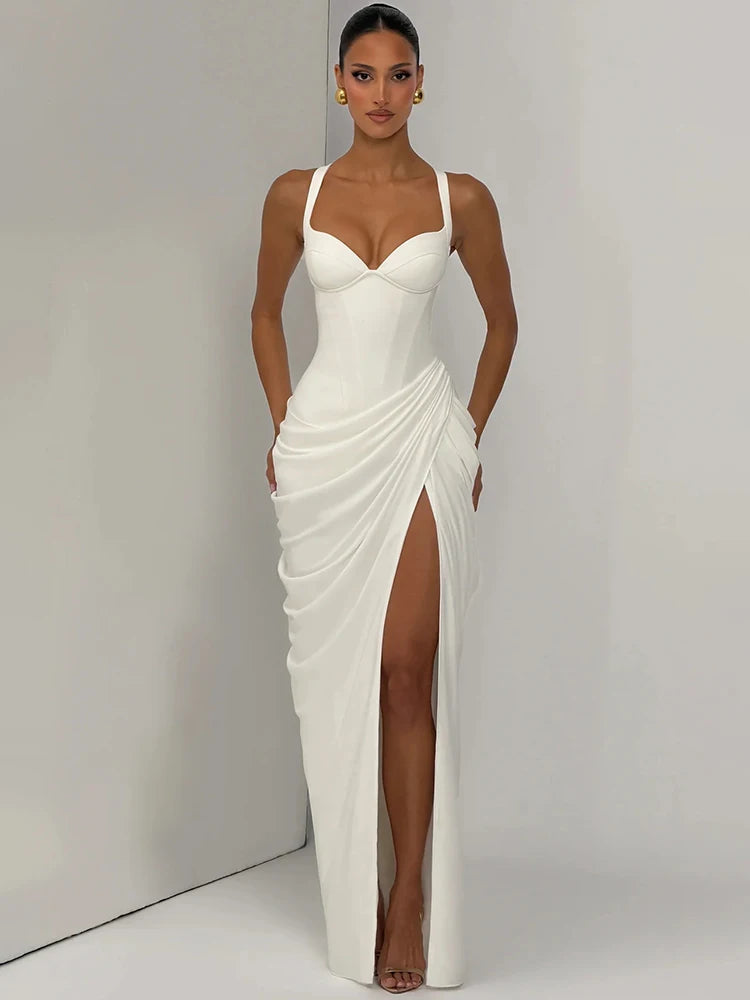 Women Sexy Maxi Dress Sleeveless Sweetheart Neck High Split Draped Ruched Long Party Dress Formal Wedding Guest Dress