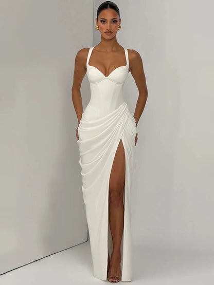 Women Sexy Maxi Dress Sleeveless Sweetheart Neck High Split Draped Ruched Long Party Dress Formal Wedding Guest Dress
