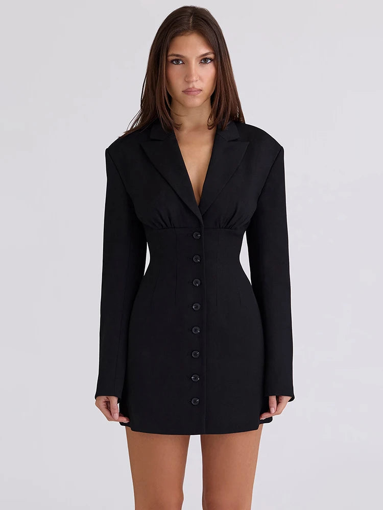 Long Sleeve Single-breasted Sexy Blazer Dress Women Gown Elegant Black V Neck High Waist Club Party Dress Office Lady