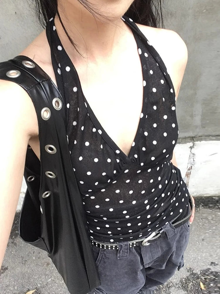 See Through Tank Tops Women V-Neck Halter Bandage Backless Polka Dot Print Street Sexy Daily Skinny Basic Wild Vest