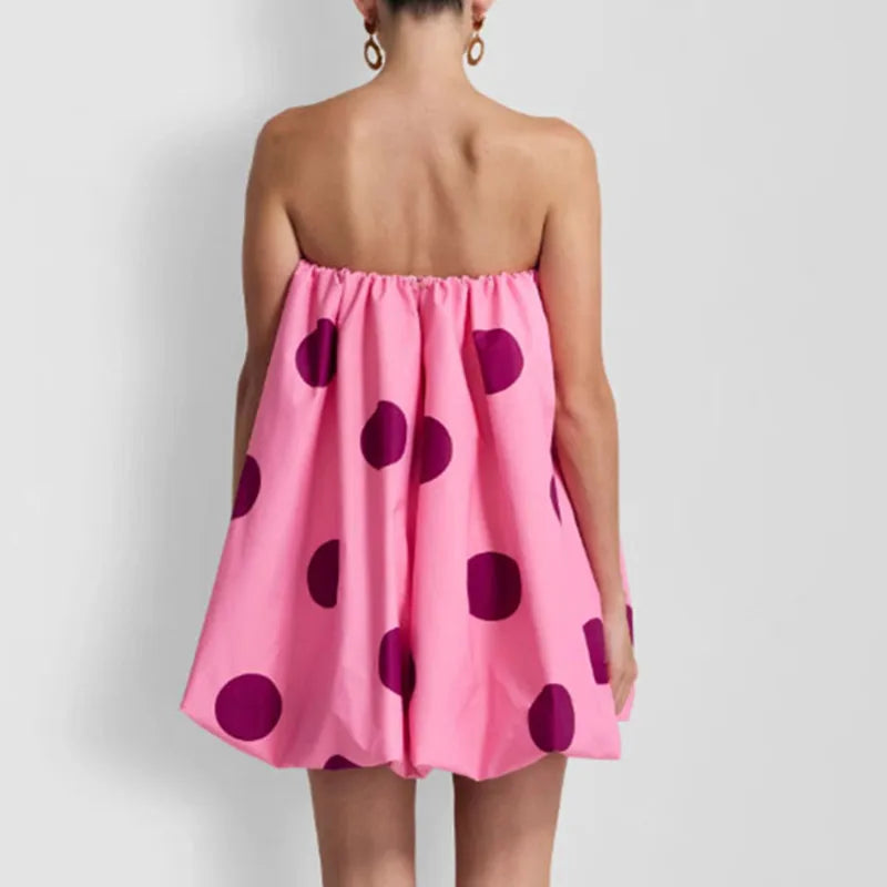 Women Polka Dot Bubble Mini Dress Strapless Flowy Short Tube Dress Off Shoulder Y2k Balloon Dress Party Beach