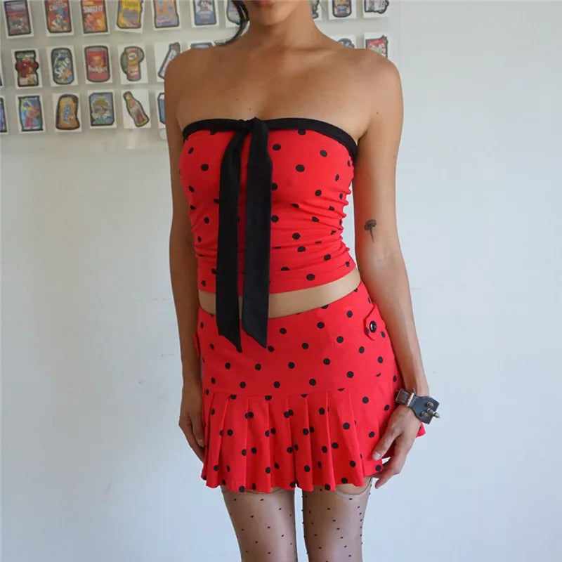 Y2K Retro Polka Dot Two Piece Outfit Women Strapless Bow Tube Top Pleated Mini Skirt Cute Streetwear Party Matching Set