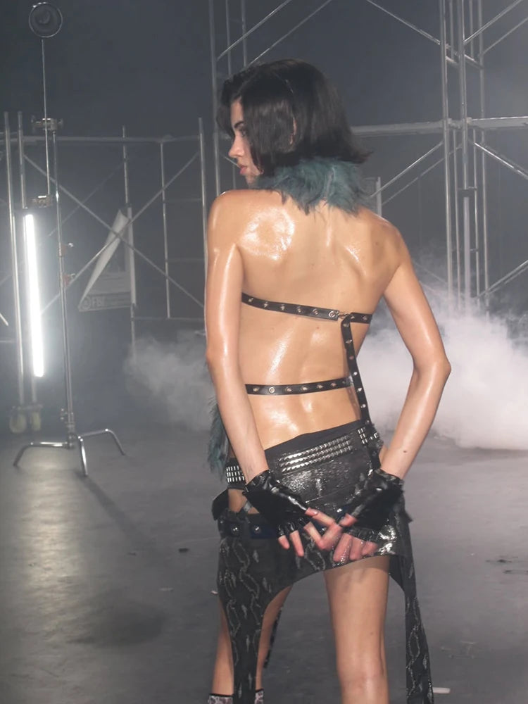 Furry Backless Tank Tops Women Halter Y2K Sashes Hollow Turtleneck Sexy Simple Street Clubwear Gothic Punk Slim Vest