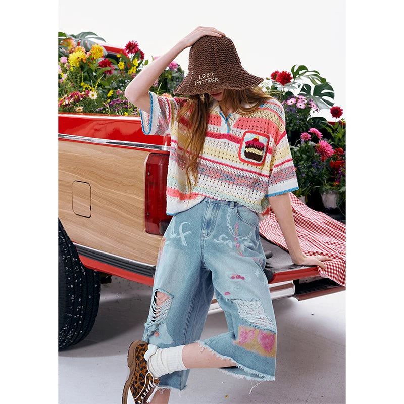 Women's Sweet Colorful Striped Knit Top, Crochet Cake Pocket Openwork Polo T-Shirt, Cute Summer Short Sleeve Knitwear