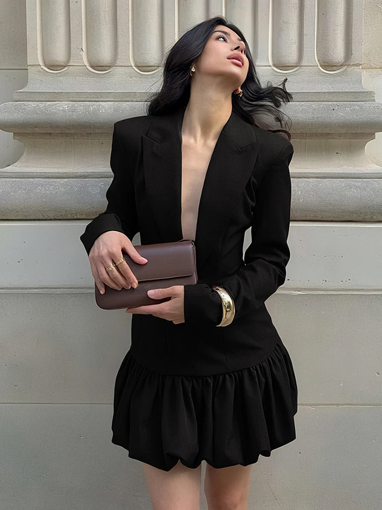 Deep V-Neck Mini Dress Women Lapel Shoulder Padded Patchwork Bud Ruched Full Sleeve Sexy Elegant Slim Office Bodycon