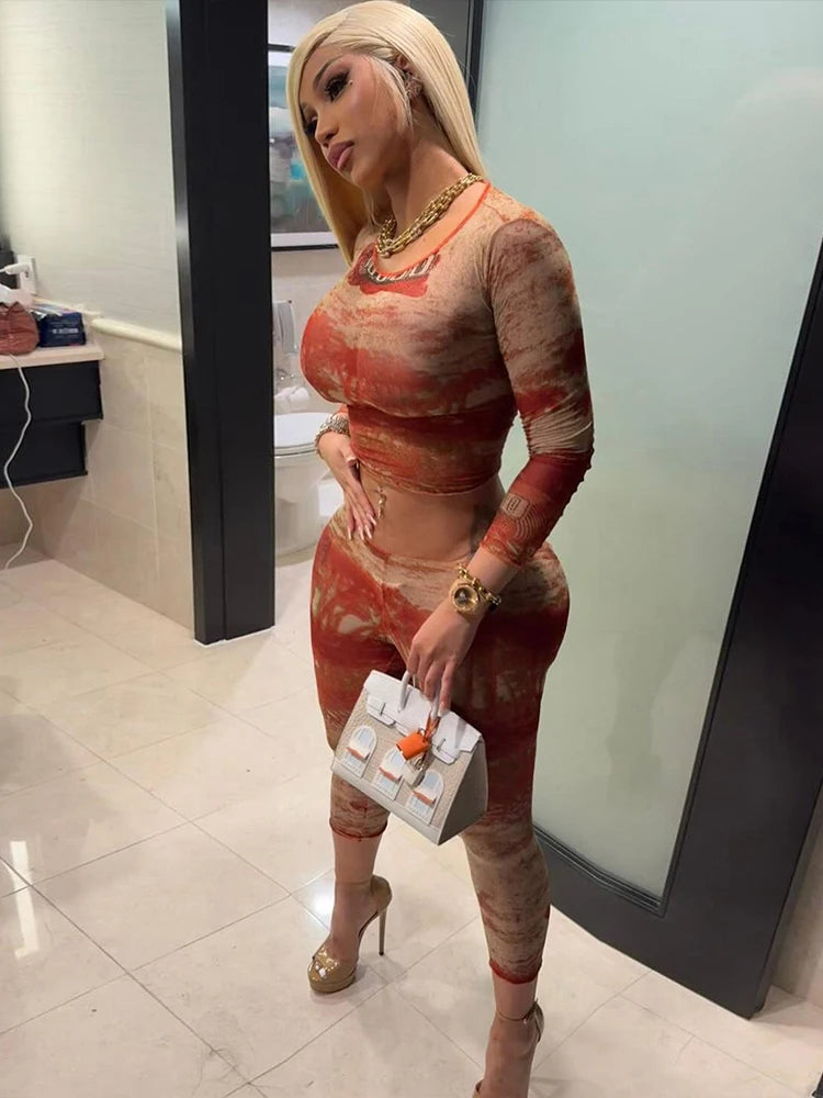 See Through Women 2 Piece Set Sexy Print Coquette Crop Tops+Leggings Stretch Tight Clubwear Matching Summer Outfits