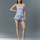 Patchwork Dress Women Bow Decoration v-Neck Ruffles Sleeveless Skinny High Elasticity Sweet Fashion Mini Bodycon