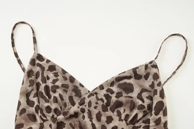 Leopard Print Mesh Sexy Dresses for Summer 2025 Spaghetti Strap Deep V Neck Backless Mini Dress Club Wear