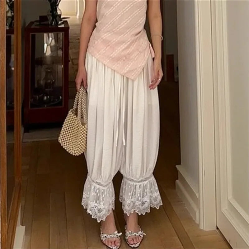 Solid Elastic Mid Rise Ruffle Pantaloons Cropped Flared Slips Pants Pajama Bottoms Women Y2K Lace Trim Hem Long Bloomers