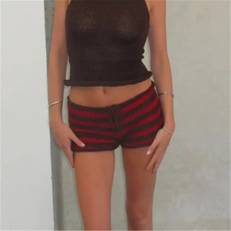 Drawstring Knit Crochet Shorts Women Summer Low Waist Stripes Print Booty Shorts Grunge Stretchy Shorts HolidayBeachwear