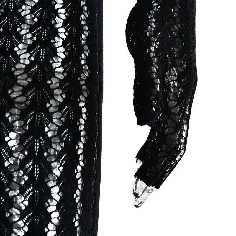 See Through Seamless Striped Jacquard One Piece Long Sleeve Jumpsuit Sexy All Black Outfits for Woman Baddie