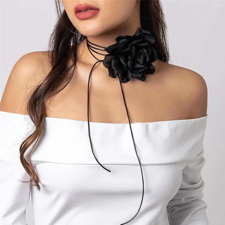 Exaggerated Romantic Big Rose Flower Clavicle Chain Necklace Women Kpop Adjustable Bowknot Rope Choker Jewelry Y2K Accessories