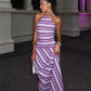 Elegant Y2K Striped Halter Neck Maxi Dress Summer Backless Tie-Up Cross Strap Sleeveless A-Line Sundress for Women